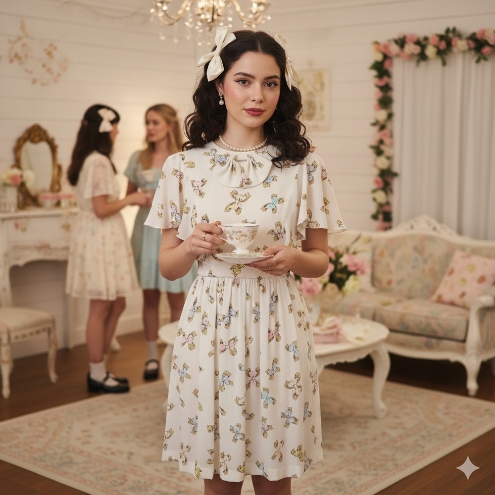 Vintage Bow Theme Flutter Sleeve Dress Size 10